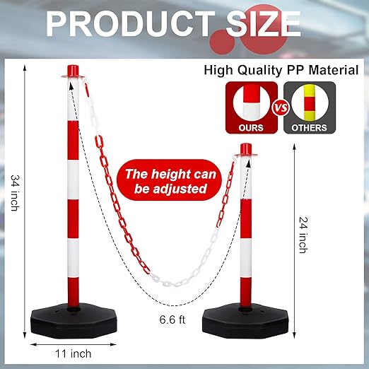 Amylove 9 Packs Traffic Delineator Post Cone with Base, Traffic Cones Safety Cones Caution Cones Plastic Stanchion Chain Safety Barriers with 6.6 Feet Link Chain and S Hooks for Parking Lot (Red)
