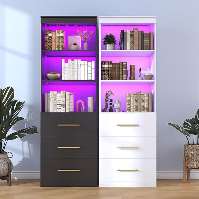 Winkalon 71“H White Bookshelf with LED Light, Bookcase and Bookshelf with Drawers, Tall Bookcase Tall Storage Cabinet 3-Tier Open Shelves for Home Office Living Room Bedroom, 15.8"D x 23.6"W x 70.9"H