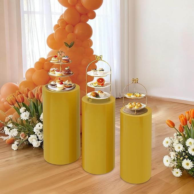Eapmic Pedestal Stands for Party, Cake Pedestal Stand, Dessert Table Display Plinth Pillars, Sculpture Display Column Decoration Cube for Wedding Birthday (Gold, Cylinder-3Pcs(27.56"+26"+23.62"))