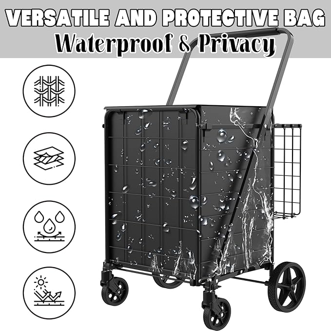 Foldable Shopping Cart with Waterproof Bag, 360° Swivel Wheels & Double Basket, 300lbs Capacity for Groceries, Heavy Duty Utility Grocery Carts for Shopping, Laundry, Camping, Luggage