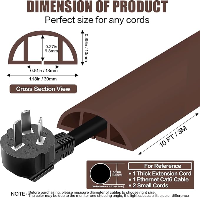 Floor Cord Cover Self Adhesive Cord Hider,10FT Cable Management, Extension Strip Protector for Wires, Prevent Cable Trips for Offices, Gyms, Exhibitions Cavity:0.39"(W) x 0.27"(H) Coffee