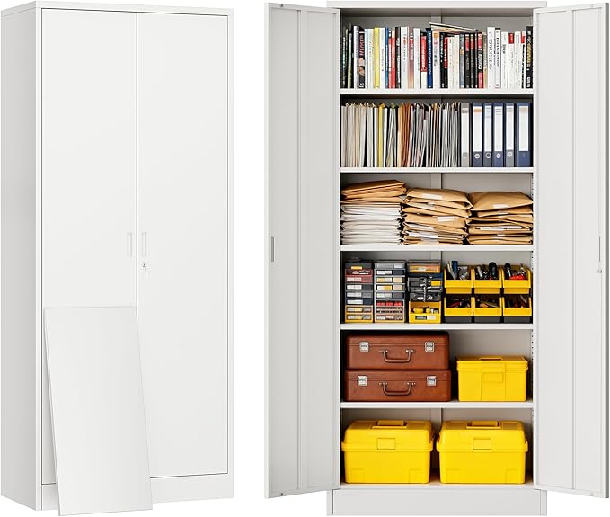BESFUR Metal Storage Cabinet, 72" - White Garage Metal Cabinet, Adjustable Shelves and Locking Doors for Office, School, Garage