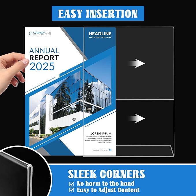 Laerjin Acrylic Sign Holder 8.5 x 11 - 16 Pack Clear Slanted L-Shaped Display Stand, Flyer & Menu Frame, Side Loading Paper Signage Holder - Office, Restaurant, Trade Show Use