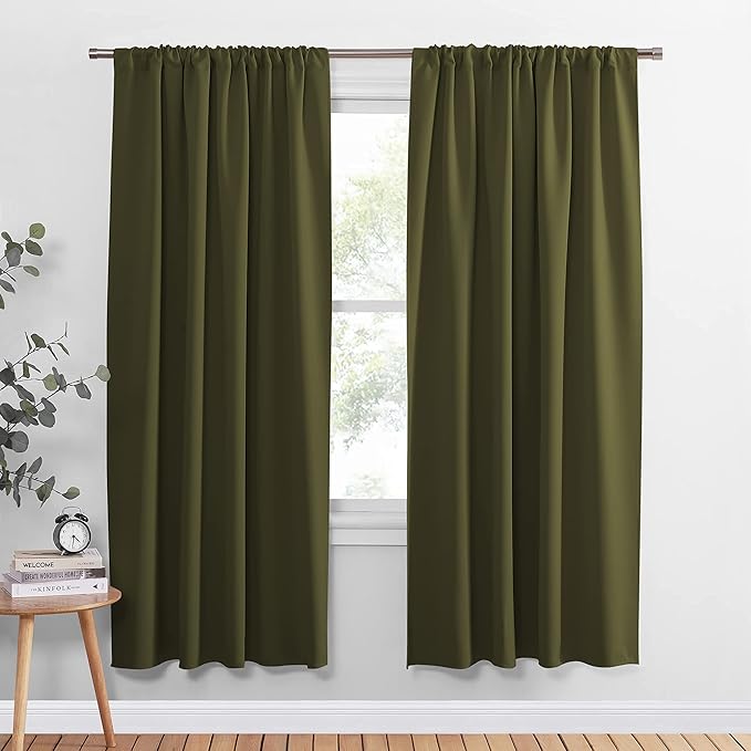 PONY DANCE Light Block Curtains - 42 inches Width x 72 Length Olive Green Light Block Curtain Panels Window Covering Thermal Insulated Christmas Drapes for Home Decoration, 2 Pieces