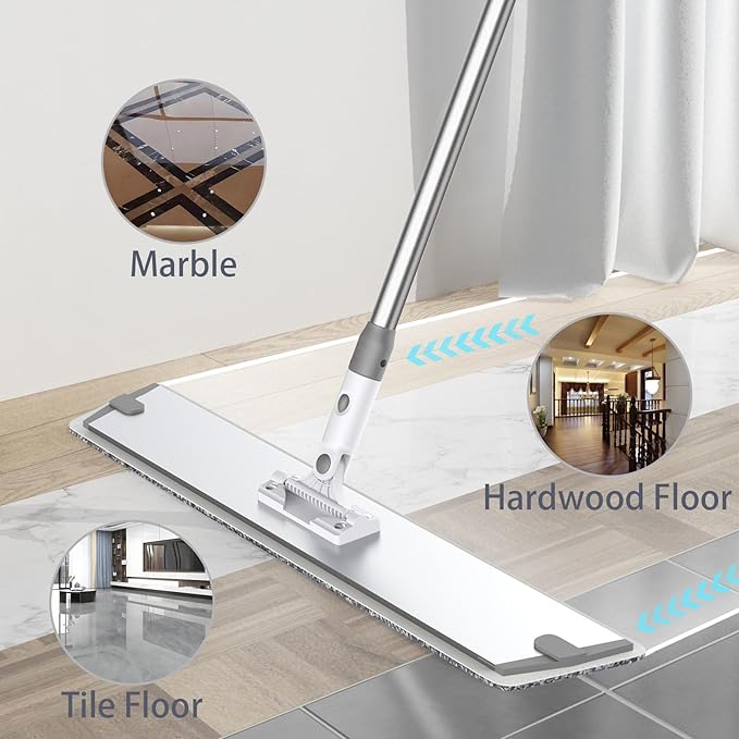 Flat Microfiber Mop for Floor Cleaning, 18 inch (17.7 in/45 cm) Aluminum Base, Adjustable Stainless Steel Handle 29.5 to 52 in, 360-Degree Swivel, Dry & Wet, 4 Washable Pads - LJGG