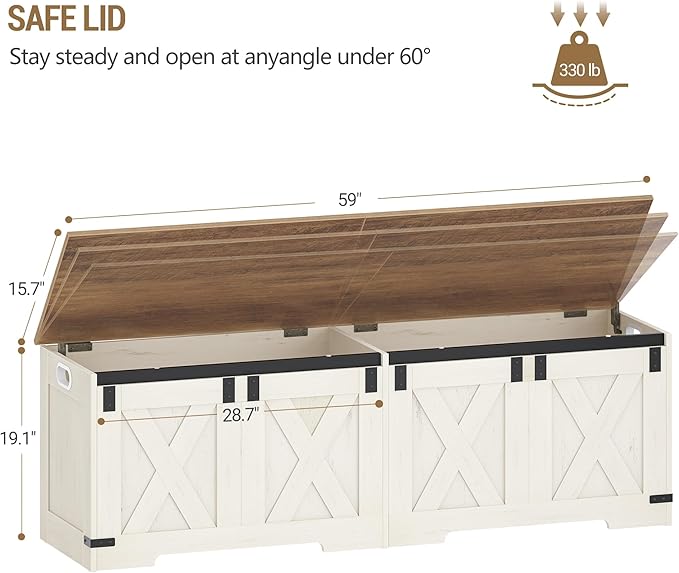 59" Storage Chest, Large Storage Trunk with 2 Hinges, Farmhouse Wooden Box Bench, Lift-Top Organizer Chest, Entryway Trunk for Bedroom, Living Room, White and Brown SB15014X