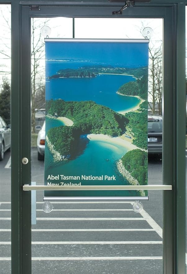 Window Sign Holder for Banner Graphics, Includes Two 24 Inch Aluminum Rails with Snap-Open Design and Suction Cups, Glass Mount Poster Hanger - Banner NOT Included