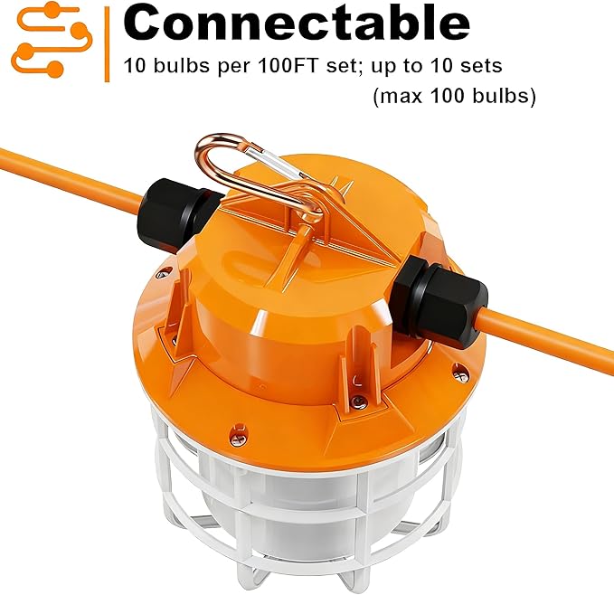 NS 100FT Construction String Lights 150W LED Industrial Grade 15000LM 5000K IP65 Linkable for Construction Sites, Temporary Work, Renovation, Jobsite,All Outdoor Lighting, with 10 Bulbs and Hook