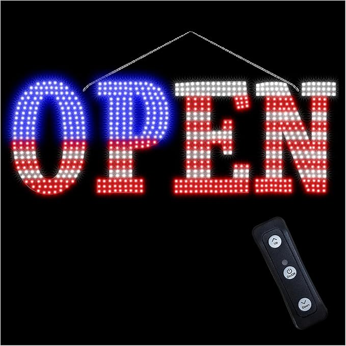 USA Flag 40"x14" Extra Large LED Open Signs for Business with Remote Controlled, 10 Levels Brightness Adjustable Unique Design Super Bright with Chain, High Visibility for Store Bar Hotel Retail Shop