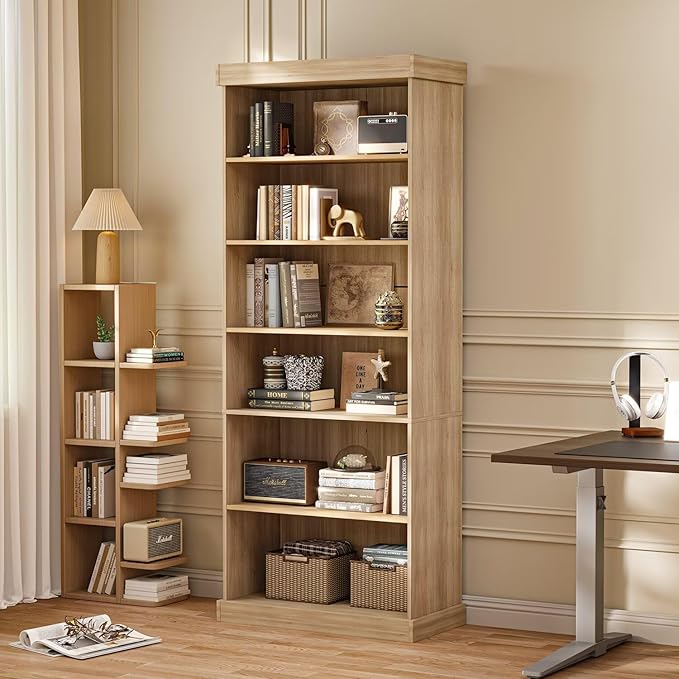 Vyre 70.8" Tall Farmhouse Bookshelf with Glass Doors, Modular Bookcase with 6-Tier Adjustable Shelves, Large Storage Cabinet for Kitchen, Living Room, Set of 2, Brown