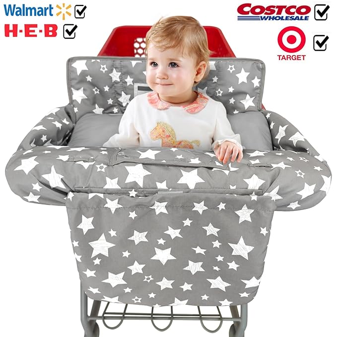 Soft Pillow Attached 2-in-1 Shopping Cart and High Chair Cover for Baby, Cotton Padded Cart Cover, Fold'n Roll Style, Portable with Carry Bag (Gray Stars)