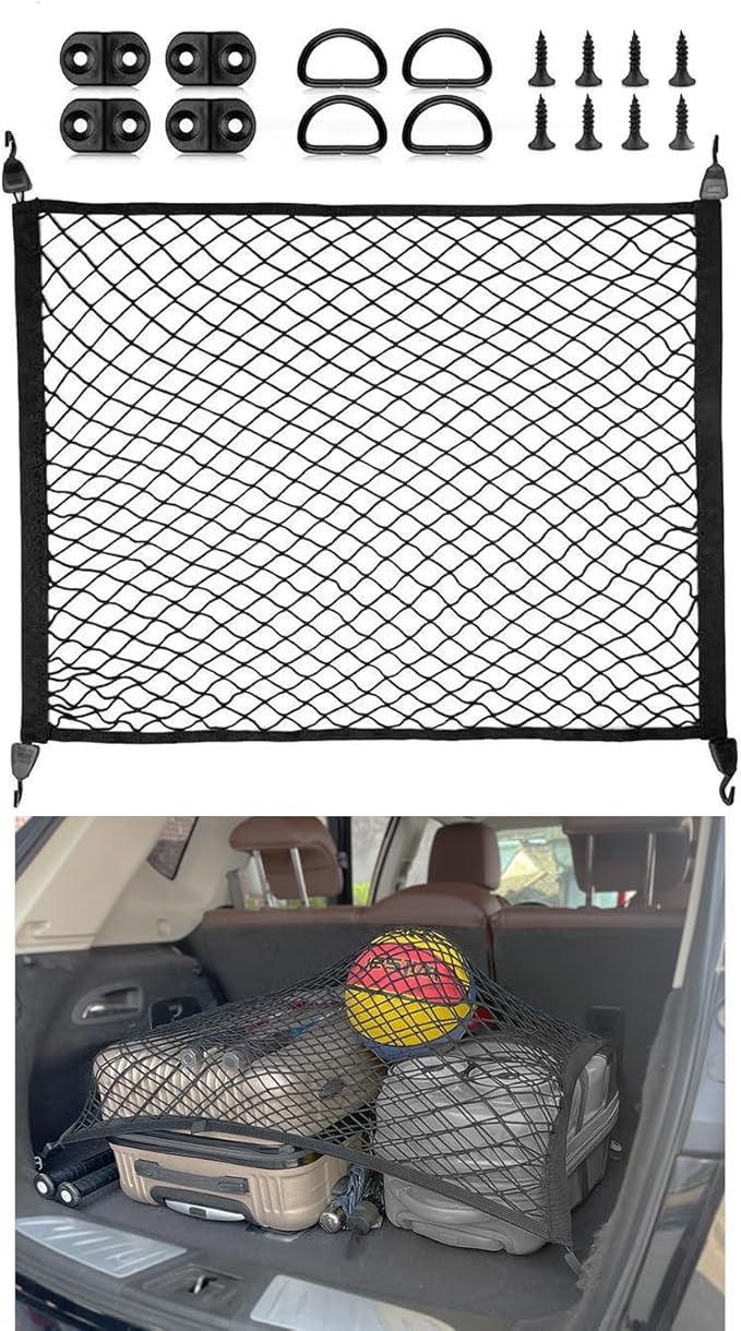 Elastic Cargo Net for SUV, Trunk Net with Hook, Car Net for Trailer, Truck Bed Netting Cover Storage,32" X 24" Stretch to 63"X43" for Universal Organizer, Luggage Cover