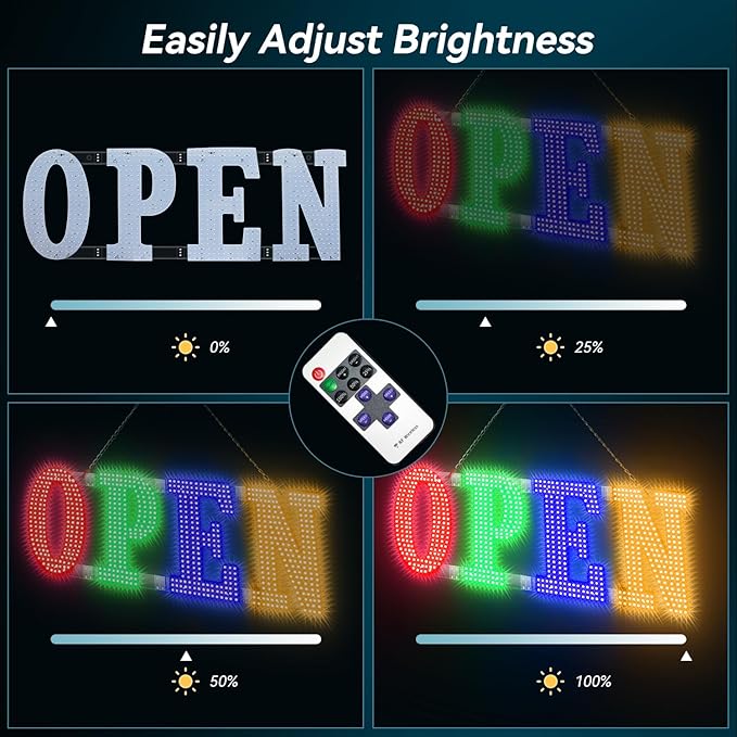 30'' x 10" LED Open Signs for Buisness, Remote Control and Adjustment Brightness & Speed - 14 Mode, Large Open Closed Sign for Bar Store Restaurant Office Hotel Salon Red&Green&Blue&Yellow