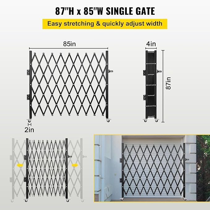 VEVOR Single Folding Security Gate, 7 ft H x 7 ft W Folding Door Gate, Steel Accordion Security Gate, Flexible Expanding Security Gate, 360° Rolling Barricade Gate, Scissor Gate/Door with Padlock