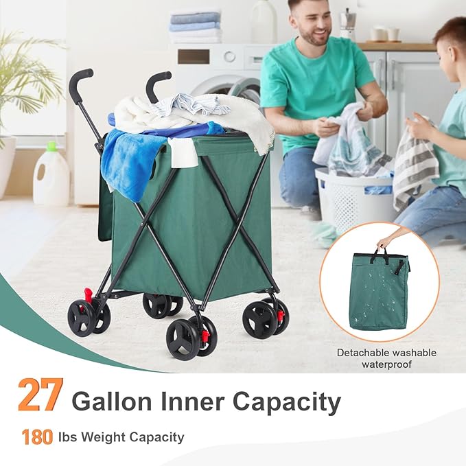 27 Gal/180 LBS Capacity Shopping Cart, Upgrade Huge Grocery Cart on Wheels,Heavy Duty Foldable Utility 360° Rolling Swivel Wheels for Shopping Picnic Groceries Laundry (Dark Green)