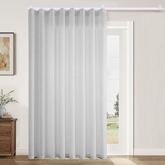 Faux Linen Semi Sheer Room Divider Curtain with Ceiling Track, Extra Wide 1 Panel Light Filtering Privacy Curtain for Patio Sliding Glass Door or Room Divider, Living Room, Bedroom, Natural, W100xL84