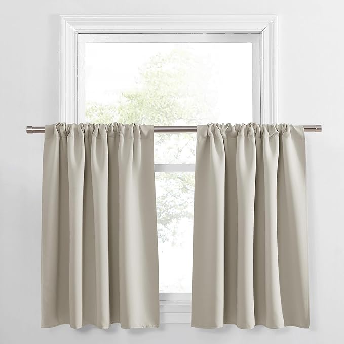 PONY DANCE Cream Draperies & Curtains - Room Darkening Rod Pocket Top Thermal Insulated Noise Reducing Short Curtain Panels for Kitchen Bedroom, 34 Wide x 36 Inches Long, Cream, 2 PCs