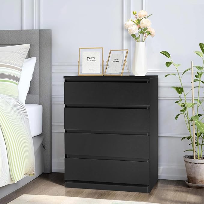 Dresser for Bedroom, Modern Wood Dresser Chest of Drawers, No Handle Storage Cabinet for Girls, Anti-Tipping Device, Living Room, Home Office, Hallway Organizer (Black, 4 Drawers)