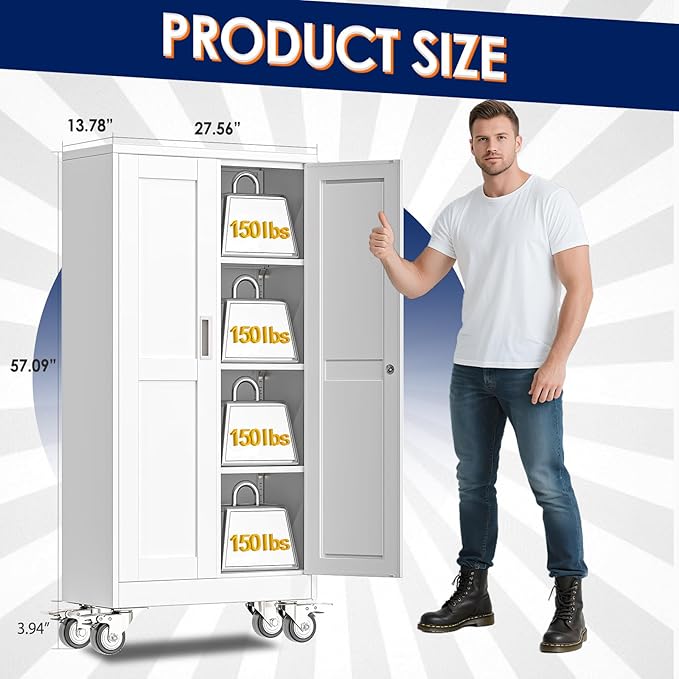 61" H Metal Garage Storage Cabinet, Rolling Tool Cabinet with 2 Doors and Wheels, Locker Steel Cabinet with 3 Adjustable Shelves, Organization Cabinet for Garage,Office,Home,Gym,School（White）