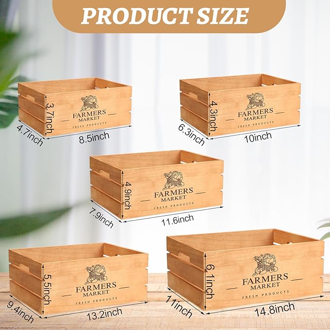 Barydat Set of 5 Wood Crates for Display Decorative Nesting Wooden Crate Storage with Handles Vintage Farmhouse Style Decorative Boxes Multipurpose Fruits Vegetables Boxes(Brown,Classic)