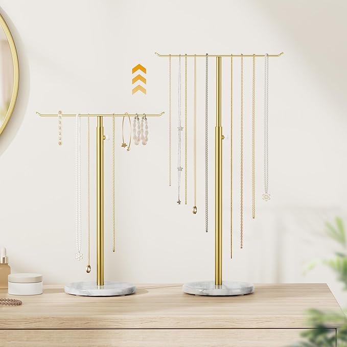 Gold Necklace Holder Jewelry Organizer Stand – Adjustable Height T‑Bar Jewelry Display with White Marble Base, Necklace & Bracelet Holder, Countertop Jewelry Stand