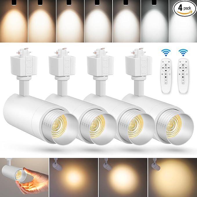 【2025 Upgraded】10-Color Zoomable 12W LED Track Lighting Head Dimmable H Track Light Remote Control Bright Rail Ceiling Spotlight Fixtures for Accent Art 2000K~6500K 15°~60° CRI90 1100lm White 4 Pack