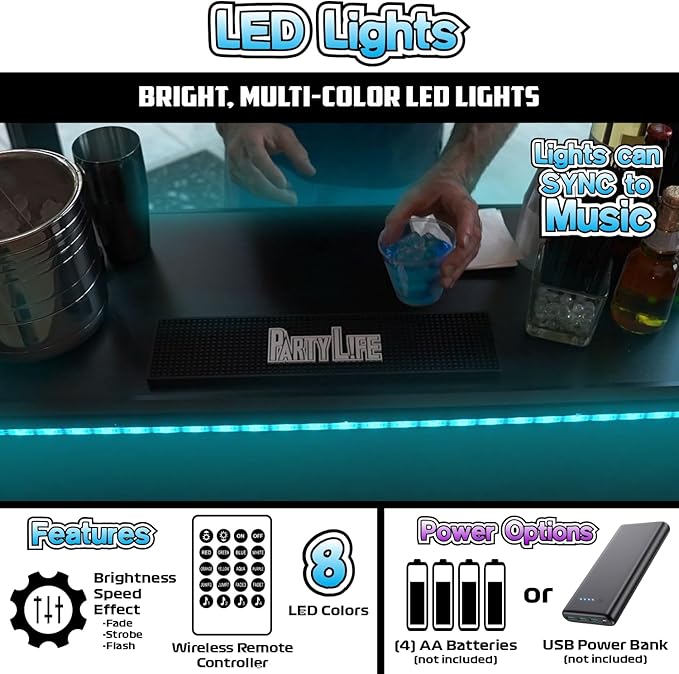 PartyLife Premium Portable Bar Table w/LED Lights, Wireless Remote, Folding Legs, Black Fabric Bar Skirt, 2 Storage Shelves & 2 Carrying Bags | Commercial Grade | Strong & Sturdy - Black
