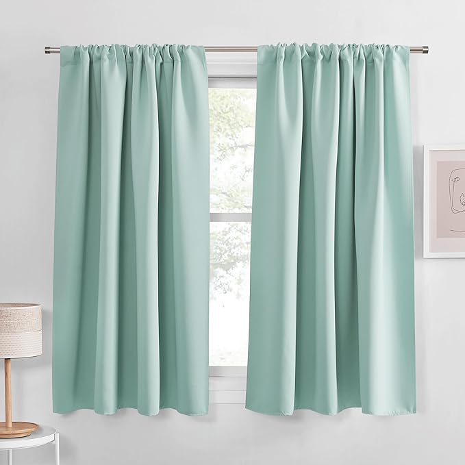PONY DANCE Aqua Blue Window Curtains 45 inch Length, Thermal Insulated Blackout Kitchen Curtains for Small Window, Short Black Out Drapes for Cafe Bedroom(2 Panels Set, Aqua, 42 inches Wide)