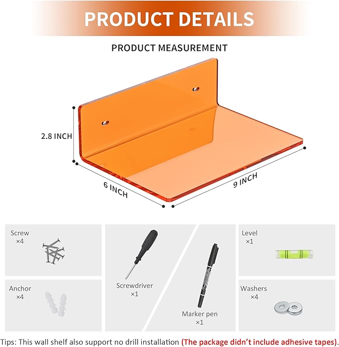 9 Inch Orange Wall Shelves, Acrylic Wall Mounting Ledges Display, Acrylic Display Wall Shelf for Funko Pop Figures, Collectibles, Plants, Décor, Toiletries, Spices, 2 Pack
