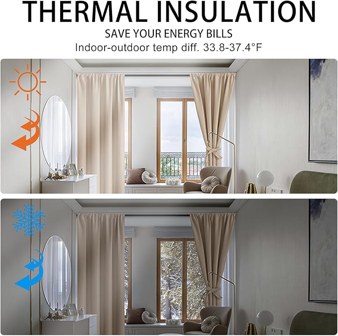 JIUZHEN Blackout Curtains for Bedroom - 70 x 63 Inch Extra Wide Privacy Assured Thermal Insulated Room Darkening Sliding Door Curtains for Living Room, Set of 2 Panels with Tiebacks, Beige