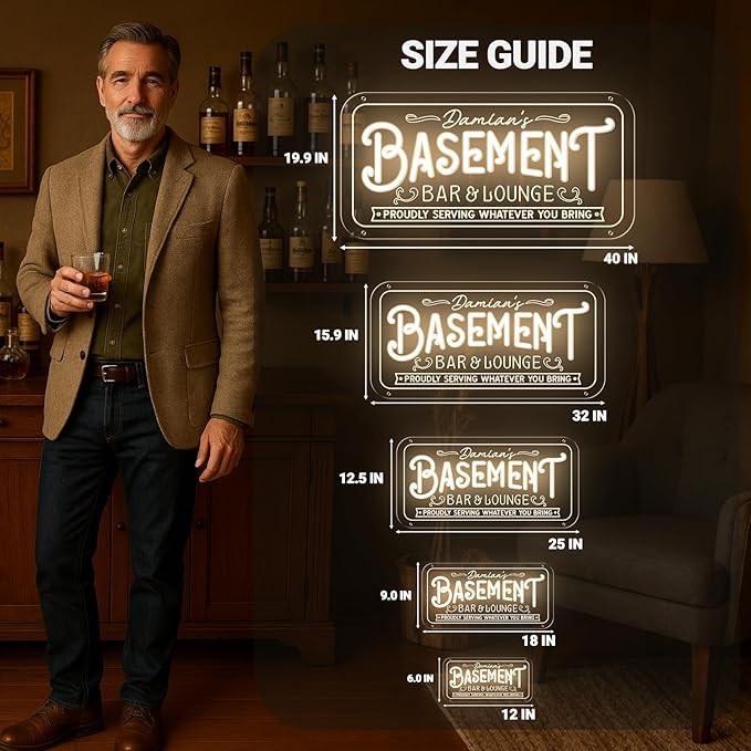Custom Basement Neon Sign for Bar Lounge, Personalized LED Pub Light with Customizable Name Home Bar Man Cave Decor Gifts for Men Dad Husband Beer Lover(Multiple Sizes & Colors)