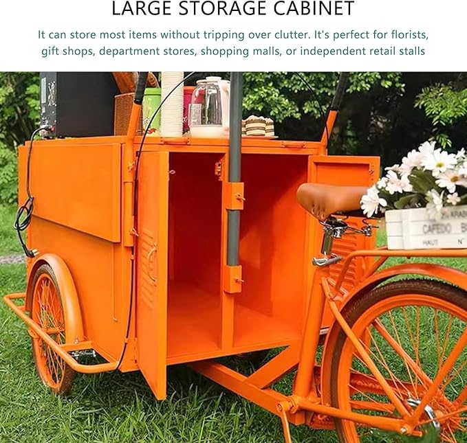 Mobile Vending Bicycle Cart, Food Display Stand with Parasol, Large Storage Space, Perfect for Shopping Malls, Events, Streets(Orange)