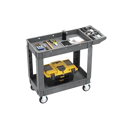 DWVO Utility Service Cart on Wheels, 550 lbs Capacity, 40 x 17 Inch Rolling Work Carts with Wheels, 2 Shelf Heavy Duty Plastic Cart Suitable for Warehouse, Garage, School & Office, Cleaning, Gray