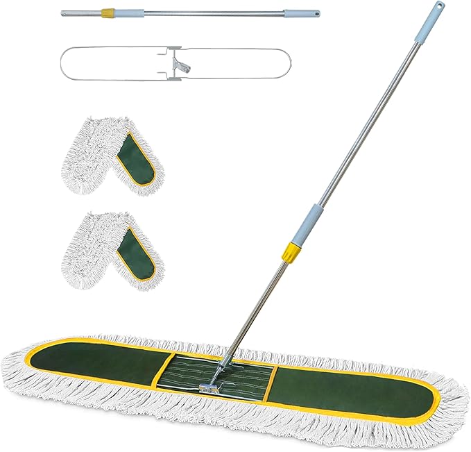 48-Inch Commercial Dust Mop for Hardwood Floors, Large Dry Mop with 2 Pcs Reusable Cotton Yarn Head, Telescopic Stainless Steel Handle - Ideal for Industrial Floor Cleaning, Marble,