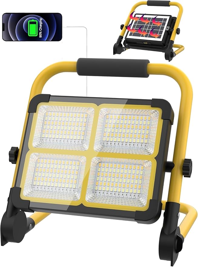 Solar Work Light Rechargeable Spotlight with Stand, MASMEJOR Rechargeable Worklight 12000mAh/ 10000LM/ 336 LEDs/ 4 Lighting Modes, LED Work Light for for Outdoor Camping, Yard, Garage, Hiking