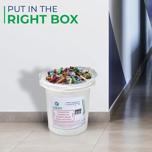 Primary Lithium Battery Recycling Container - 1 Gallon, Battery Disposal Bin with Lid That Holds up to 13.2 lbs Batteries - Recycling Pail with Cardboard Box
