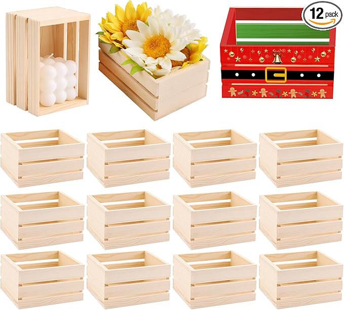 GRETJOB 12PCS 5" Wooden Crates, Nesting Rustic Wood Storage Boxes Set, Farmhouse Decorative DIY Craft Containers for Home, Office, Bathroom, Closet Display and Organization (12 PCS)
