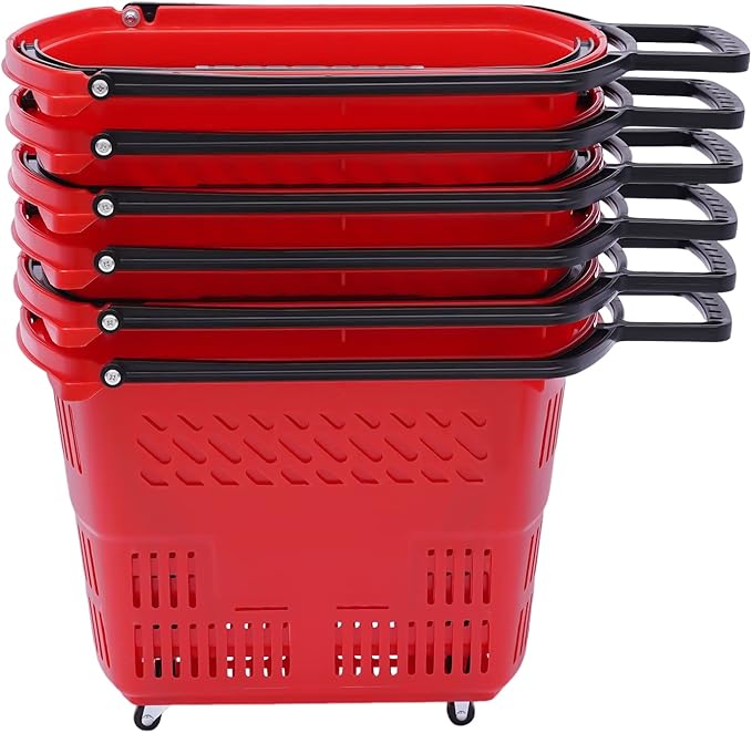 6PCS Plastic Shopping Basket with Handles & Wheels, 35L Rolling Shopping Carts, Grocery Basket with 4 Wheels and Handle, Portable Shopping Basket for Retail Stores, Supermarkets (6PCS - Red)
