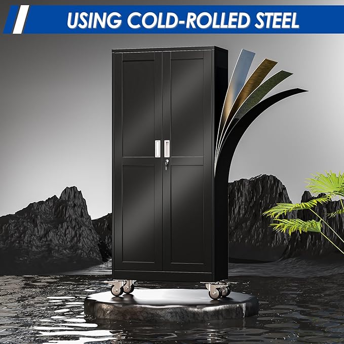 Metal Garage Storage Cabinet with Lock, Steel Tool Cabinet with 2 Doors and 5 Adjustable Shelves, 75” Tall Lockable File Cabinet with Wheels, Organization for Home Office Garage Gym - Black