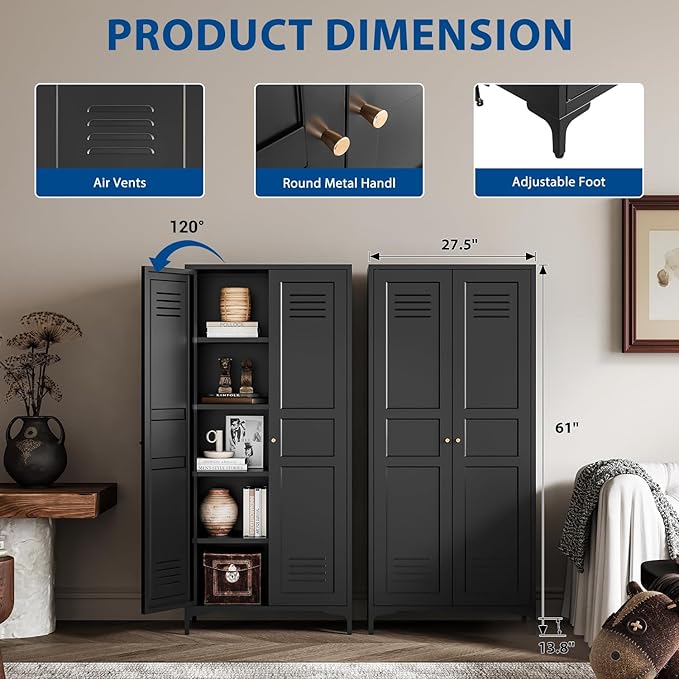 Metal Storage Cabinet-61” Tall Steel File Cabinets with Doors and 4 Adjustable Shelves-Black Steel Storage Cabinet for Home,Kitchen, School, Office, Garage
