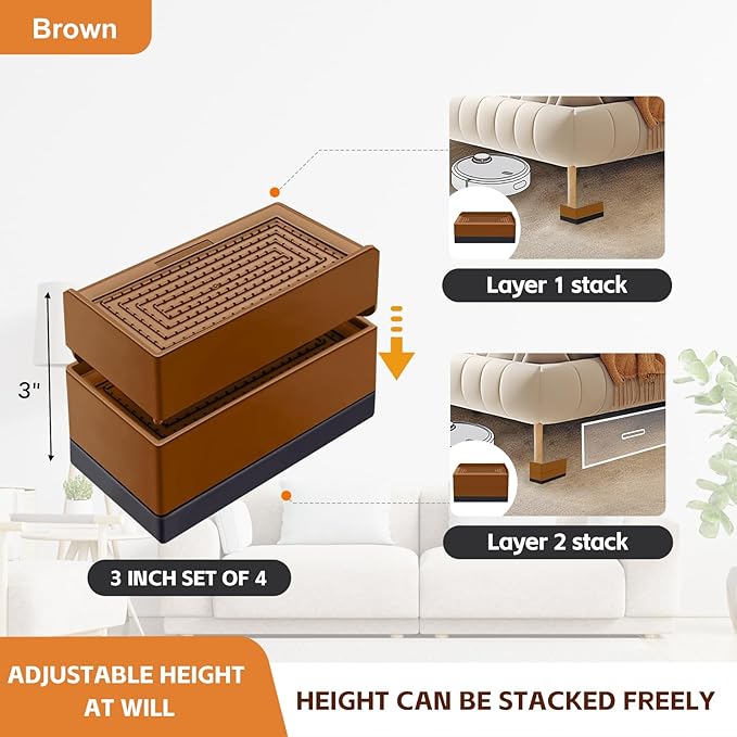 Bed Risers, Furniture Raise Blocks, 3 inch Stilts Heavy Duty for Bed Couch Desk Sofa Table Lifts, Furniture Legs Lifters Support up to 1300 Lbs (Brown, 4 Pack Set)