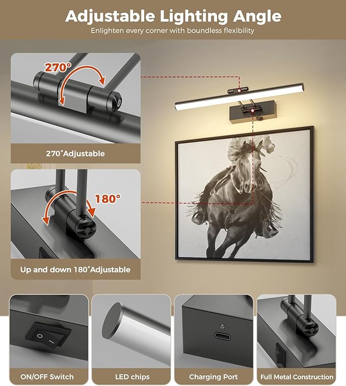 JUSHENG Battery Operated Picture Lights for Wall Brushed Grey 3CCT Dimmable Gallery Lights with Remote and Timer Wireless Painting Lights for Artwork, Display, Portraits 15.35'' Inch 3W
