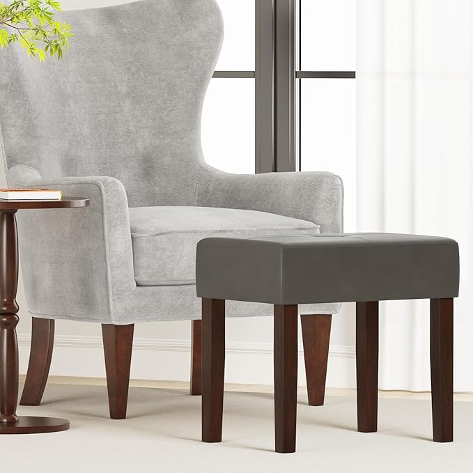 Leather Vanity Stool, 18.7 Inch Wide Rectangle Ottoman Bench for Makeup Room, Vanity Chair with Wood Legs for Piano Room, Bedroom,Living Room with Customizable (Gray)