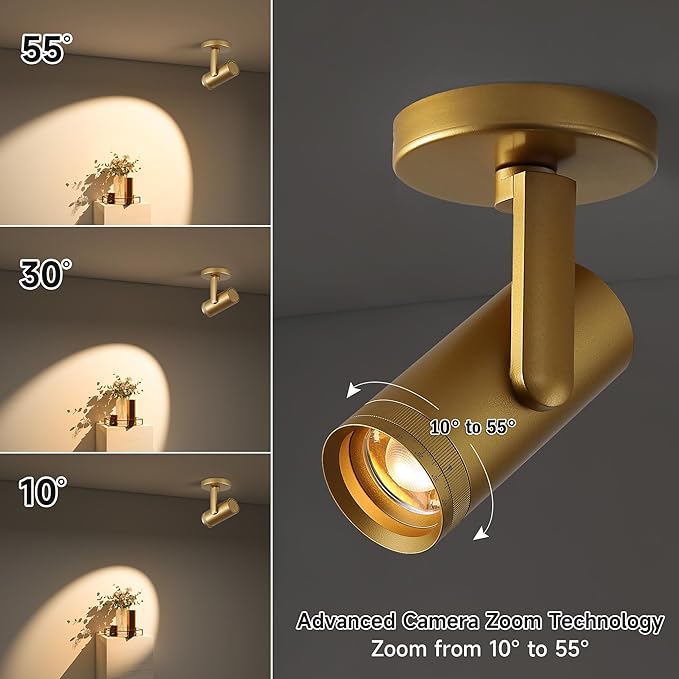 12W LED Gold Dimmable Zoomable Ceiling Spotlight Indoor – Adjustable Surface Mount Accent Light for Corridor, Living Room, Plants & Painting | Warm White 3000K CRI 97, Flicker-Free, 4 Packs