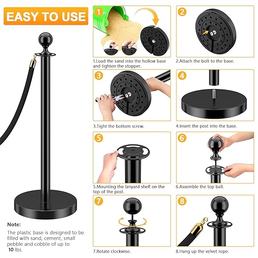 LOVMOR Crowd Control Stanchion, Set with 5 ft/1.5 m Red Velvet Rope, Set of 8 Pieces, Stanchion Rope Divider, Black Queue Barrier Line Divider with Fillable Plastic Base, Airport