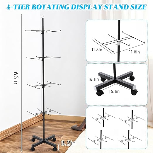 Ripeng 1 Pcs 4‑Tier Retail Display Stand – Rotating Display Rack with Wheels for Jewelry Keychains Socks Hats – Adjustable Movable Shop Spinner for Craft Shows Vendor Events & Stores Accessories,Black