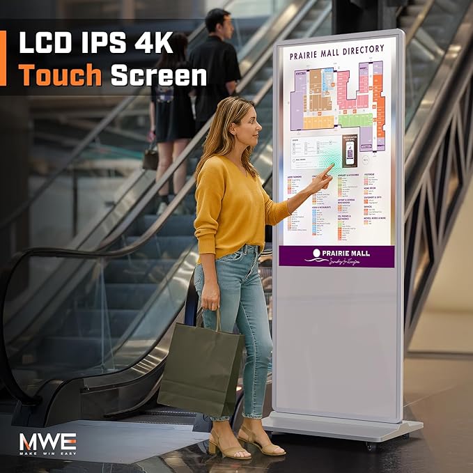 MWE 65 Inch 4K Touchscreen Kiosk, Indoor Floor Standing Digital Signage Display, Advertising Display LCD Kiosk, Interactive Display Poster Android OS with Auto Media Player, HDMI/USB/WIFI, White