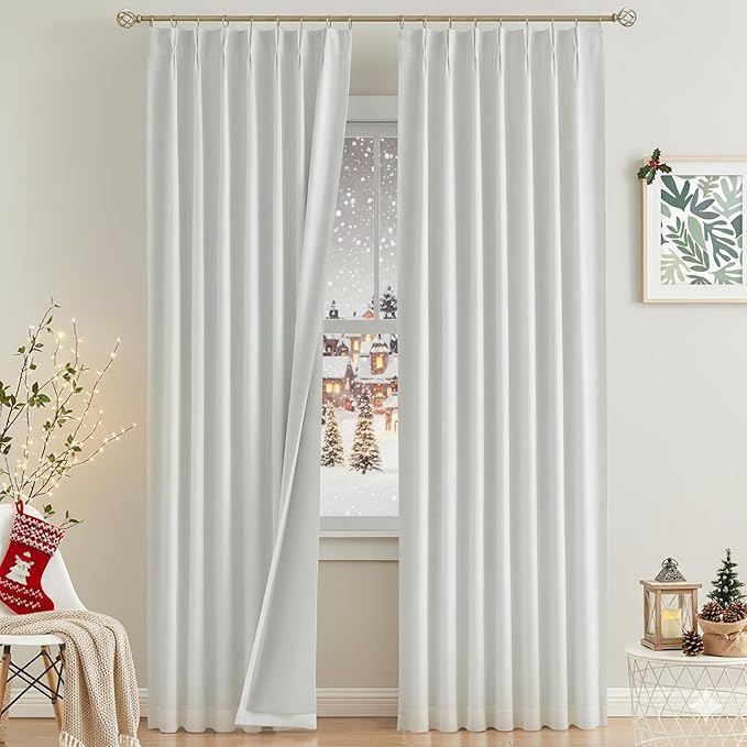 Vision Home White Pinch Pleated Full Blackout Curtains Thermal Insulated Window Curtains 90 inch for Living Room Bedroom Room Darkening Pinch Pleat Drapes with Hooks Back Tab 2 Panel 40" Wx90 L
