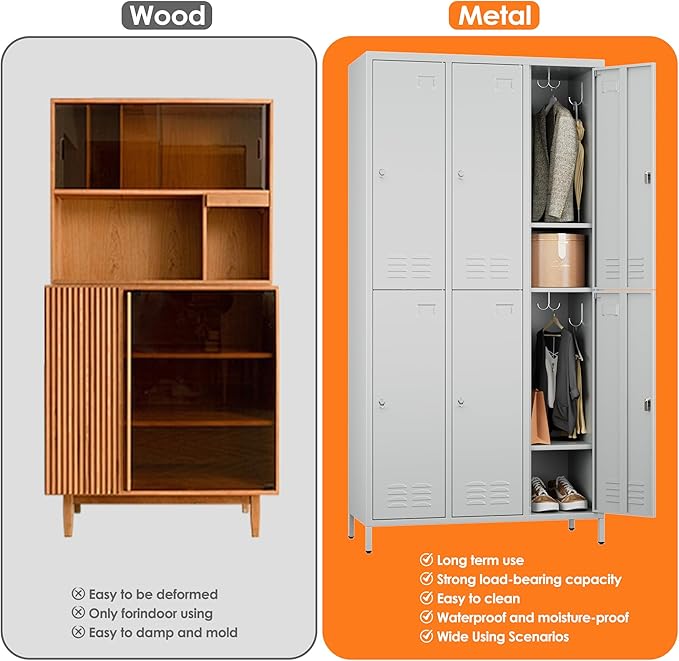 Aobabo Metal Locker for Employees, 6 Doors Metal Locker Cabinet with Lock, Industrial Storage with 18 Hooks, Storage for Office, Gym, Dormitory, Assembly Required, Light Grey