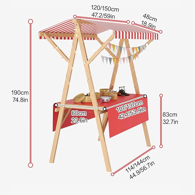 Outdoor Vendor Cart, Portable Cart with Canopy, Movable Stall Display Stand, Foldable Vending Stand Kiosk Display Trolley with Canopy, for Market, Street Food, Events(Red 3,150cm/59in)